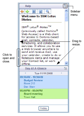 Sidebar with Help and day at a glance panels open